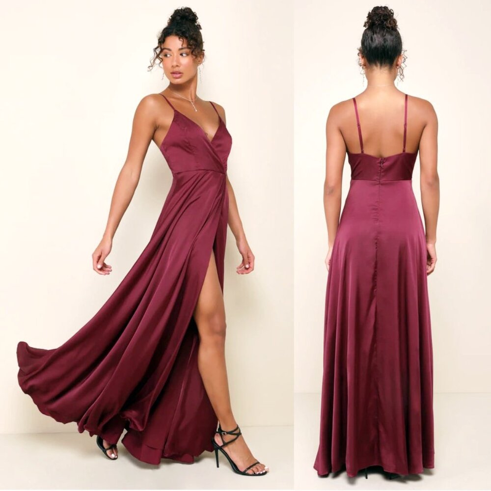 Ode To Love Faux Wrap Sleeveless Satin Maxi Dress w/Full Skirt - Burgundy Red XL